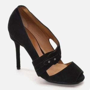 L.A.M.B. Cross Strap Pumps Black Suede Open Toe HEELS